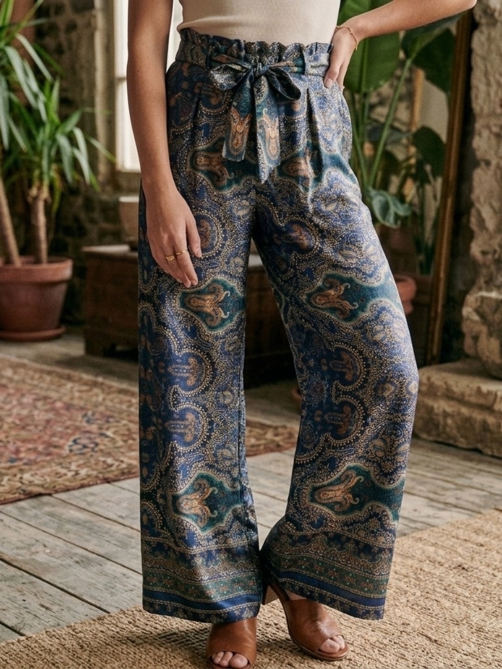 Made in Italy Boho Paisley Satin Wide Leg Palazzo Pants Paperbag Waist Size S
